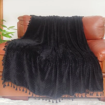 1入組素色絨球裝飾蓋毯