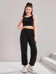 SHEIN Teen Girl Letter Graphic Super Crop Pullover & Sweatpants & Tank Top - Mauve Purple - View 5