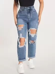 SHEIN PETITE 破洞鏤空直筒牛仔褲