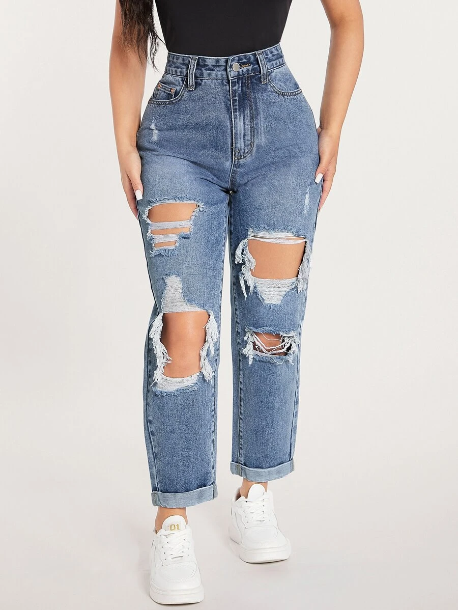 SHEIN PETITE 破洞鏤空直筒牛仔褲