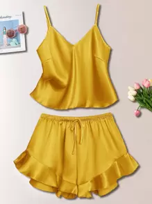Satin Cami Top & Ruffle Trim Shorts PJ Set - Mustard Yellow - View 1