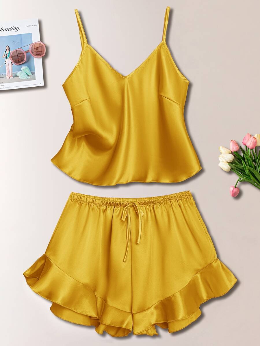 Satin Cami Top & Ruffle Trim Shorts PJ Set - Mustard Yellow - View 1