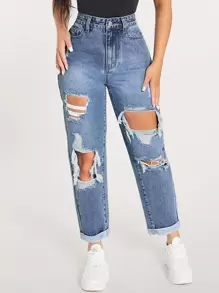 SHEIN PETITE 破洞鏤空直筒牛仔褲