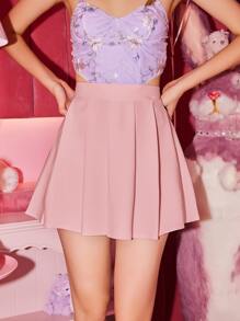 ROMWE Kawaii Solid Pleated Skirt, School - Dusty Pink - View 2