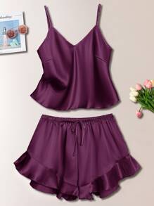 Satin Cami Top & Ruffle Trim Shorts PJ Set - Purple - View 1