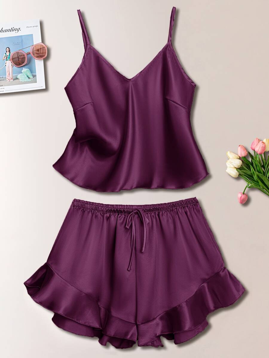 Satin Cami Top & Ruffle Trim Shorts PJ Set - Purple - View 1