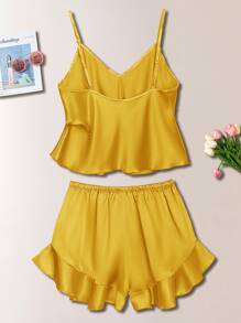 Satin Cami Top & Ruffle Trim Shorts PJ Set - Mustard Yellow - View 2