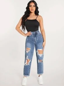 SHEIN PETITE 破洞鏤空直筒牛仔褲