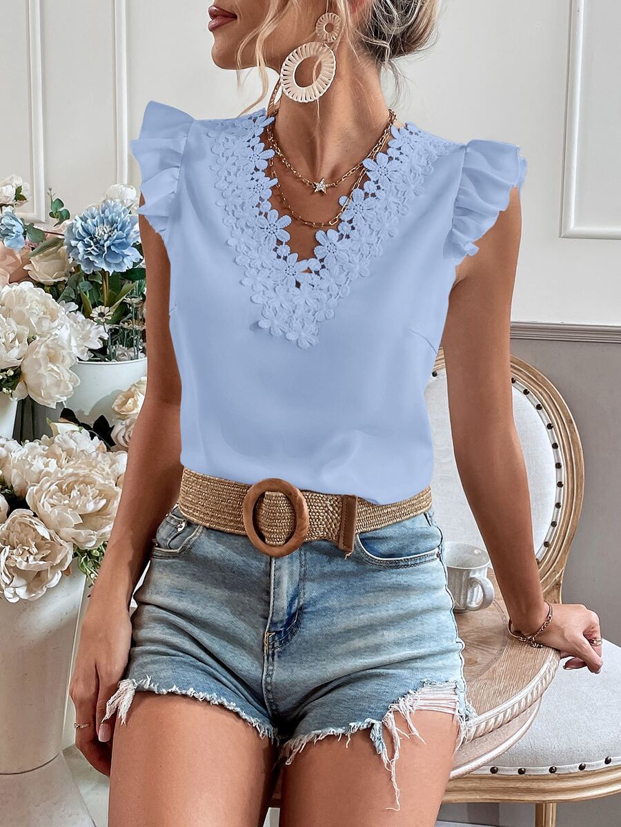 Chiquease Guipure Lace Trim Cap Sleeve Blouse - Baby Blue - View 1