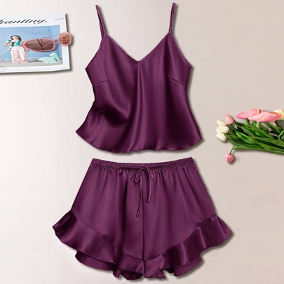 Satin Cami Top & Ruffle Trim Shorts PJ Set