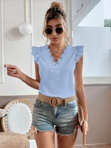 Chiquease Guipure Lace Trim Cap Sleeve Blouse - Baby Blue - View 3