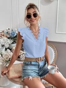 Chiquease Guipure Lace Trim Cap Sleeve Blouse - Baby Blue - View 4