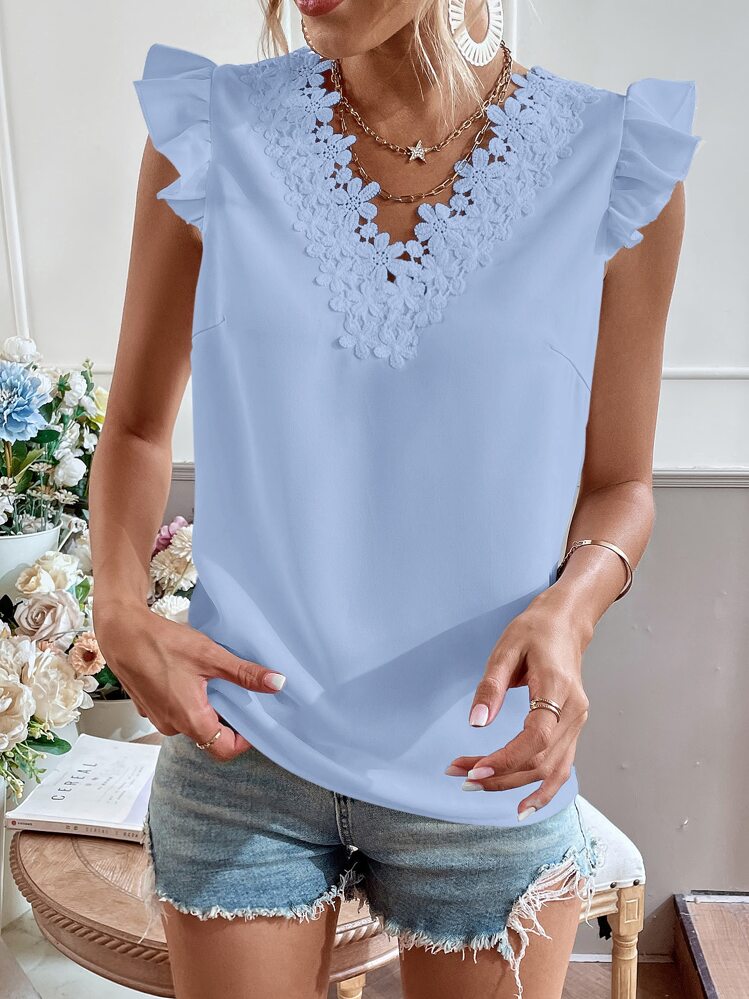 Chiquease Guipure Lace Trim Cap Sleeve Blouse - Baby Blue - View 5