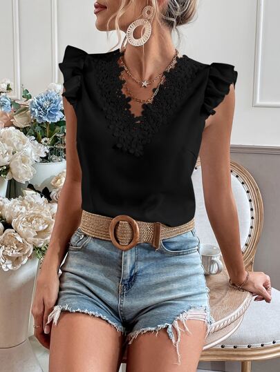 Chiquease Guipure Lace Trim Cap Sleeve Blouse