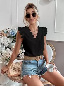 Chiquease Guipure Lace Trim Cap Sleeve Blouse - Black - View 3