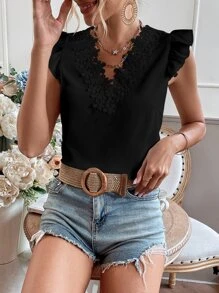 Chiquease Guipure Lace Trim Cap Sleeve Blouse - Black - View 5