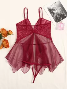 Floral Lace Contrast Mesh Babydoll Sexy Lingerie Dress With Thong - Burgundy - View 1
