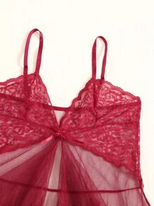 Floral Lace Contrast Mesh Babydoll Sexy Lingerie Dress With Thong - Burgundy - View 4