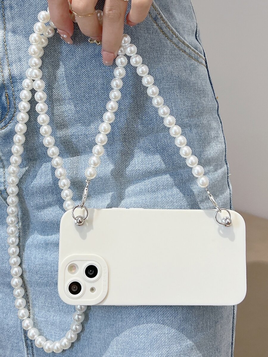 Solid Phone Case With Faux Pearl Lanyard - White - View 1