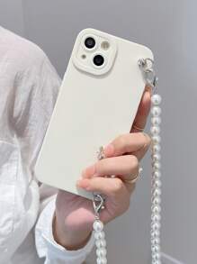 Solid Phone Case With Faux Pearl Lanyard - White - View 2