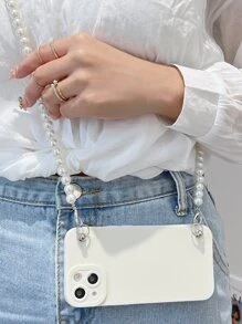 Solid Phone Case With Faux Pearl Lanyard - White - View 3