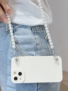 Solid Phone Case With Faux Pearl Lanyard - White - View 4