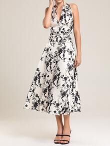 EURMUSE All Over Floral Print Tie Backless Halter Dress - Beige - View 4