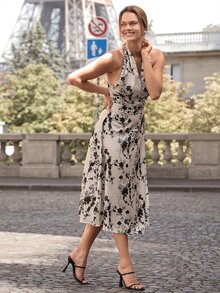 EURMUSE All Over Floral Print Tie Backless Halter Dress - Beige - View 6