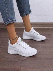 Women's White Road Running Shoes, Letter Print Lace-up Front Sneakers - White - View 2