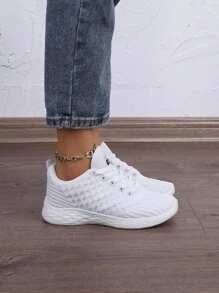 Women's White Road Running Shoes, Letter Print Lace-up Front Sneakers - White - View 5
