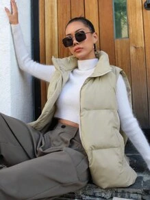 DAZY Zip Up Puffer Vest Pockets Coat, Winter Women Clothes, Padded Coat Women - Khaki - View 10