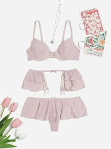 3pack Heart Pattern Mesh Underwire Garter Lingerie Set - Baby Pink - View 1