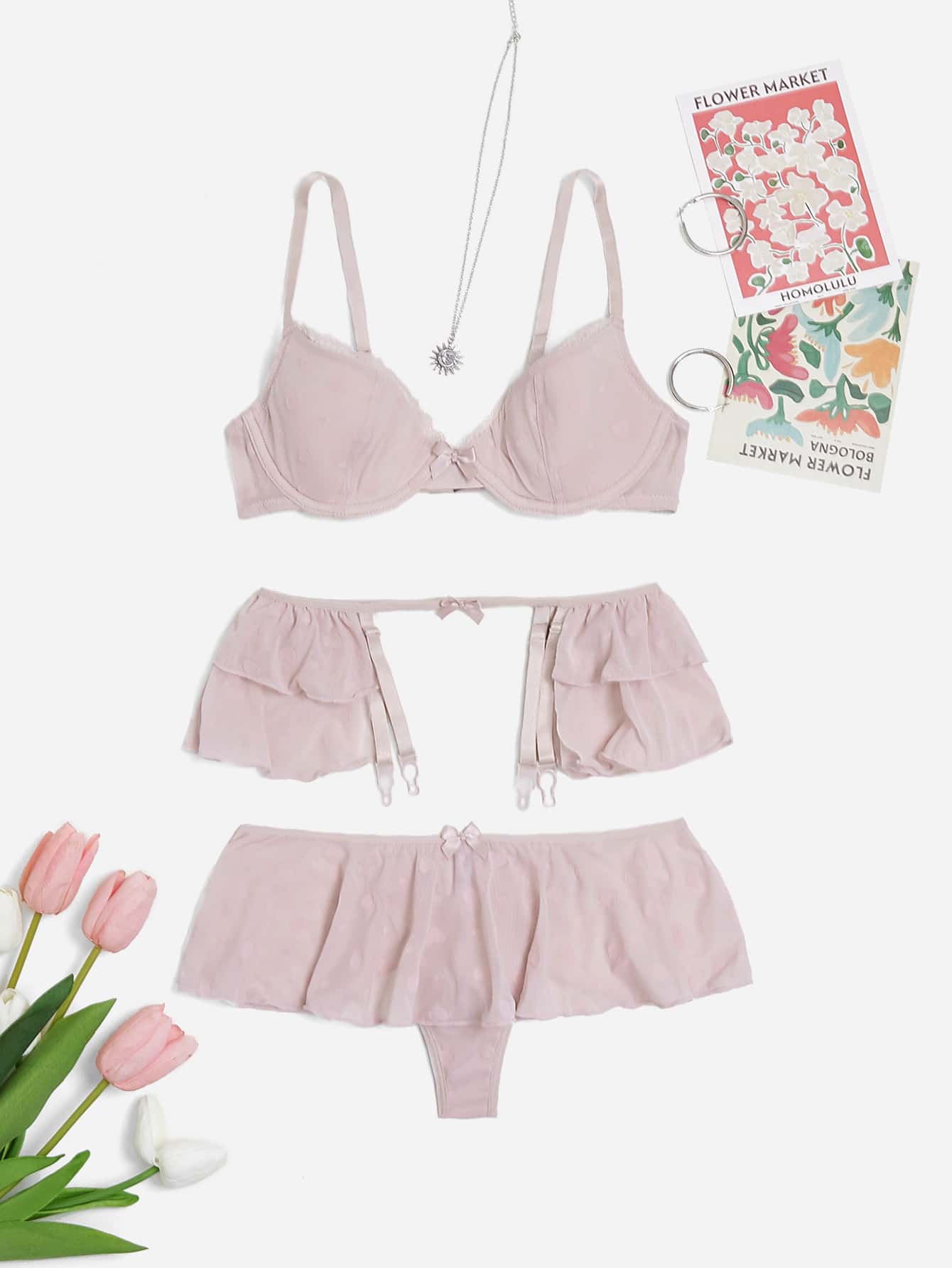 3pack Heart Pattern Mesh Underwire Garter Lingerie Set - Baby Pink - View 1