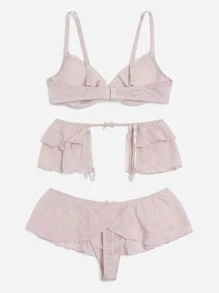 3pack Heart Pattern Mesh Underwire Garter Lingerie Set - Baby Pink - View 2