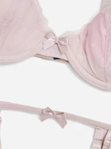 3pack Heart Pattern Mesh Underwire Garter Lingerie Set - Baby Pink - View 3