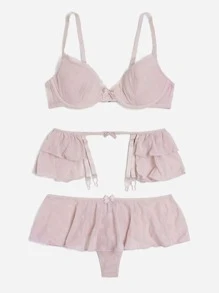 3pack Heart Pattern Mesh Underwire Garter Lingerie Set - Baby Pink - View 4