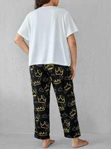 con estampado de corona Camiseta de hombros caídos con pantalones Conjunto de pijama - Blanco y Negro - Ver 2