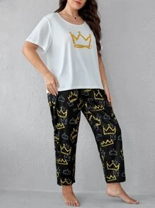 con estampado de corona Camiseta de hombros caídos con pantalones Conjunto de pijama - Blanco y Negro - Ver 3