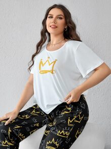 con estampado de corona Camiseta de hombros caídos con pantalones Conjunto de pijama - Blanco y Negro - Ver 4