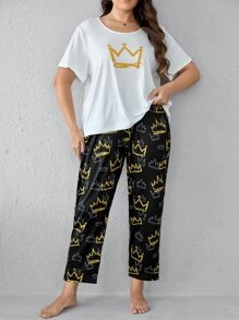 con estampado de corona Camiseta de hombros caídos con pantalones Conjunto de pijama - Blanco y Negro - Ver 5