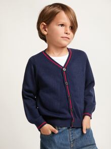 SHEIN Toddler Boys Striped Trim Cardigan - Navy Blue - View 1