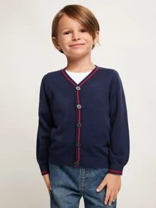 SHEIN Toddler Boys Striped Trim Cardigan - Navy Blue - View 4