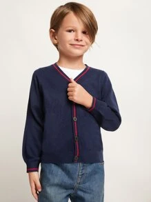 SHEIN Toddler Boys Striped Trim Cardigan - Navy Blue - View 5