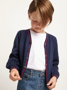 SHEIN Toddler Boys Striped Trim Cardigan - Navy Blue - View 6