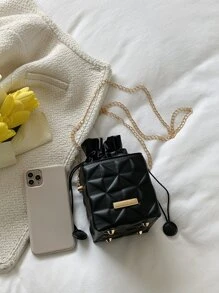 Mini Geometric Embossed Drawstring Chain Box Bag - Black - View 7