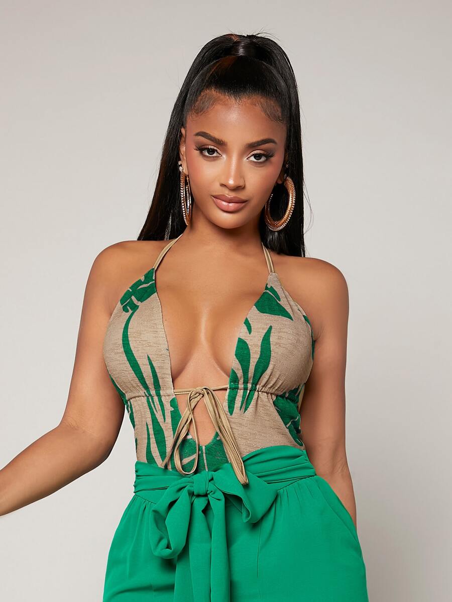 SHEIN SXY Tropical Print Tie Backless Halter Bodysuit - Multicolor - View 1