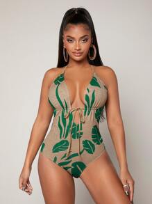 SHEIN SXY Tropical Print Tie Backless Halter Bodysuit - Multicolor - View 3