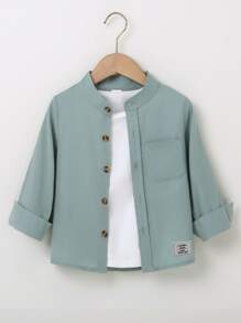 Áo sơ mi bé trai Túi Nút phía trước Lá thư Giải trí - Màu xanh Bạc hà - Xem 1