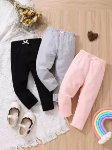 SHEIN 3 piezas de pantalones con cintura elástica y frente de lazo para bebé niña - Multicolor - Ver 1