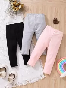 SHEIN 3 piezas de pantalones con cintura elástica y frente de lazo para bebé niña - Multicolor - Ver 2